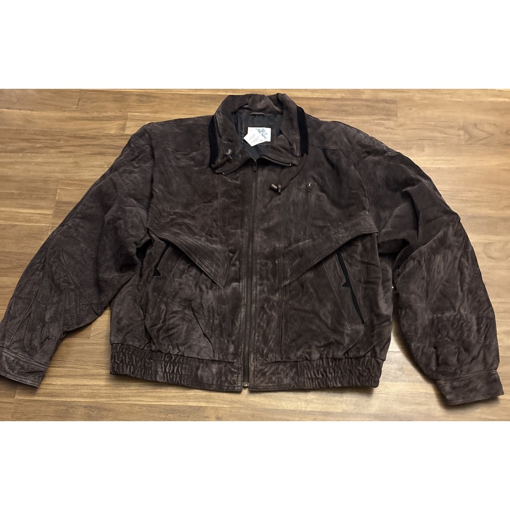 Ash Creek Trading Mens XL Brown Suede Leather Bomber Jacket Full Zip Vintage
